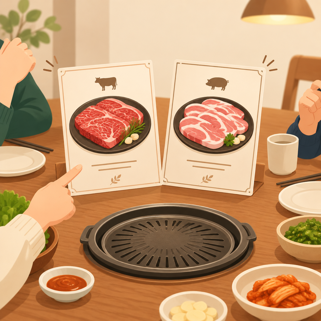 AI 생성 설명 이미지: 안산일동고기집 유니드정육식당 | 모임 목적에 맞춰 한우와 돼지고기 고르기